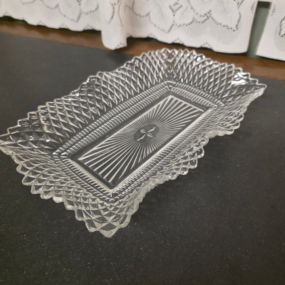 Vintage Clear Pressed Glass Tray Dish 9x5 Sunburst Diamond Wavy Scalloped Edge